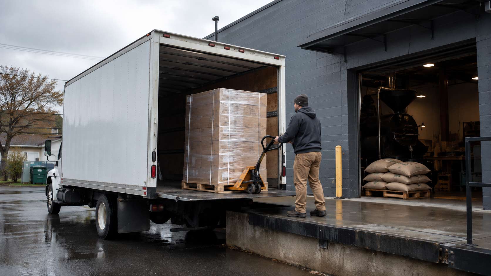 A freight truck backed up to a roastery loading dock with a pallet of coffee packaging cartons being unloaded