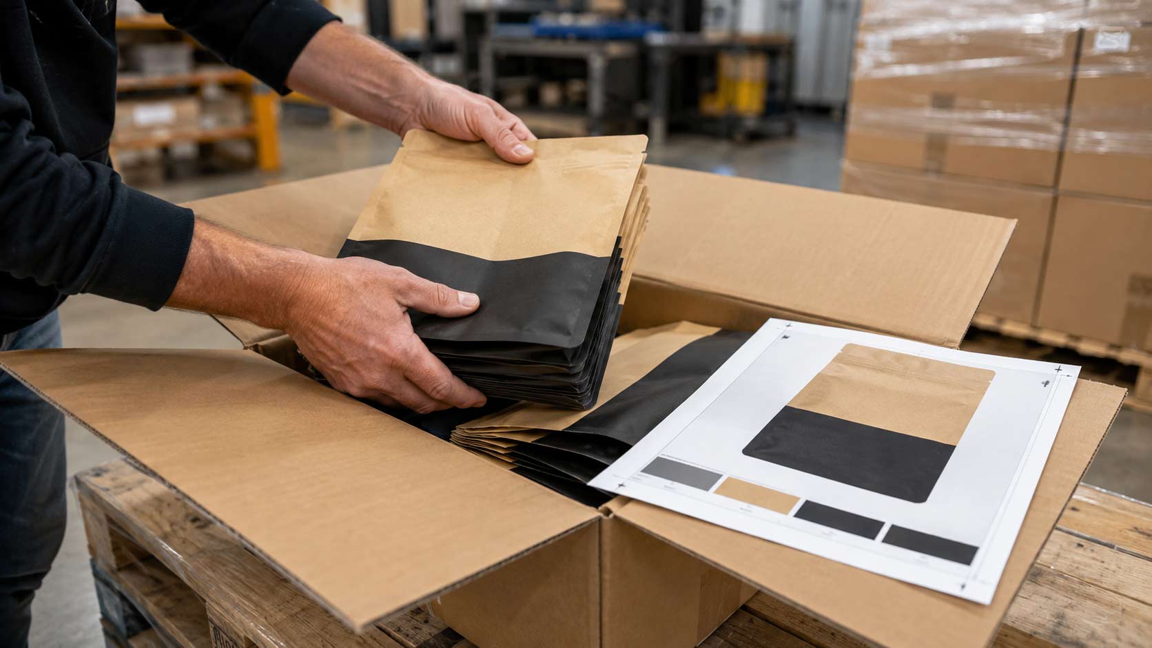 A roaster opening a carton of custom coffee bags on a pallet and checking the print quality against a proof