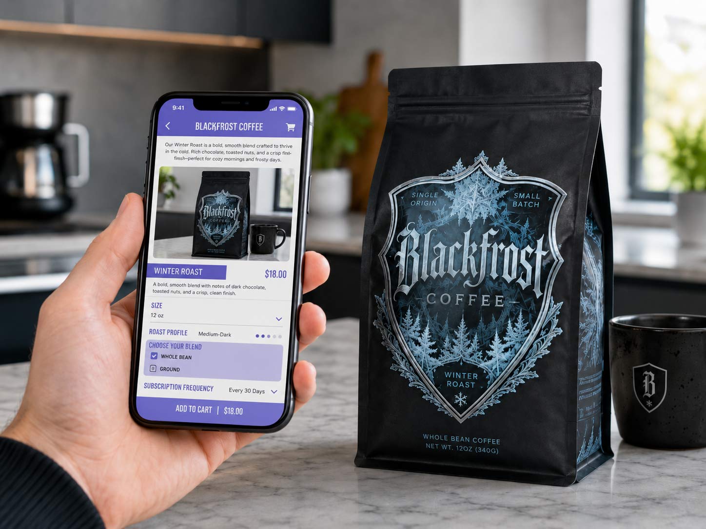 A hand holding a phone showing a branded coffee subscription screen with a subscribe button and manage plan link, a custom-printed coffee bag resting on the table beside it in a clean modern kitchen
