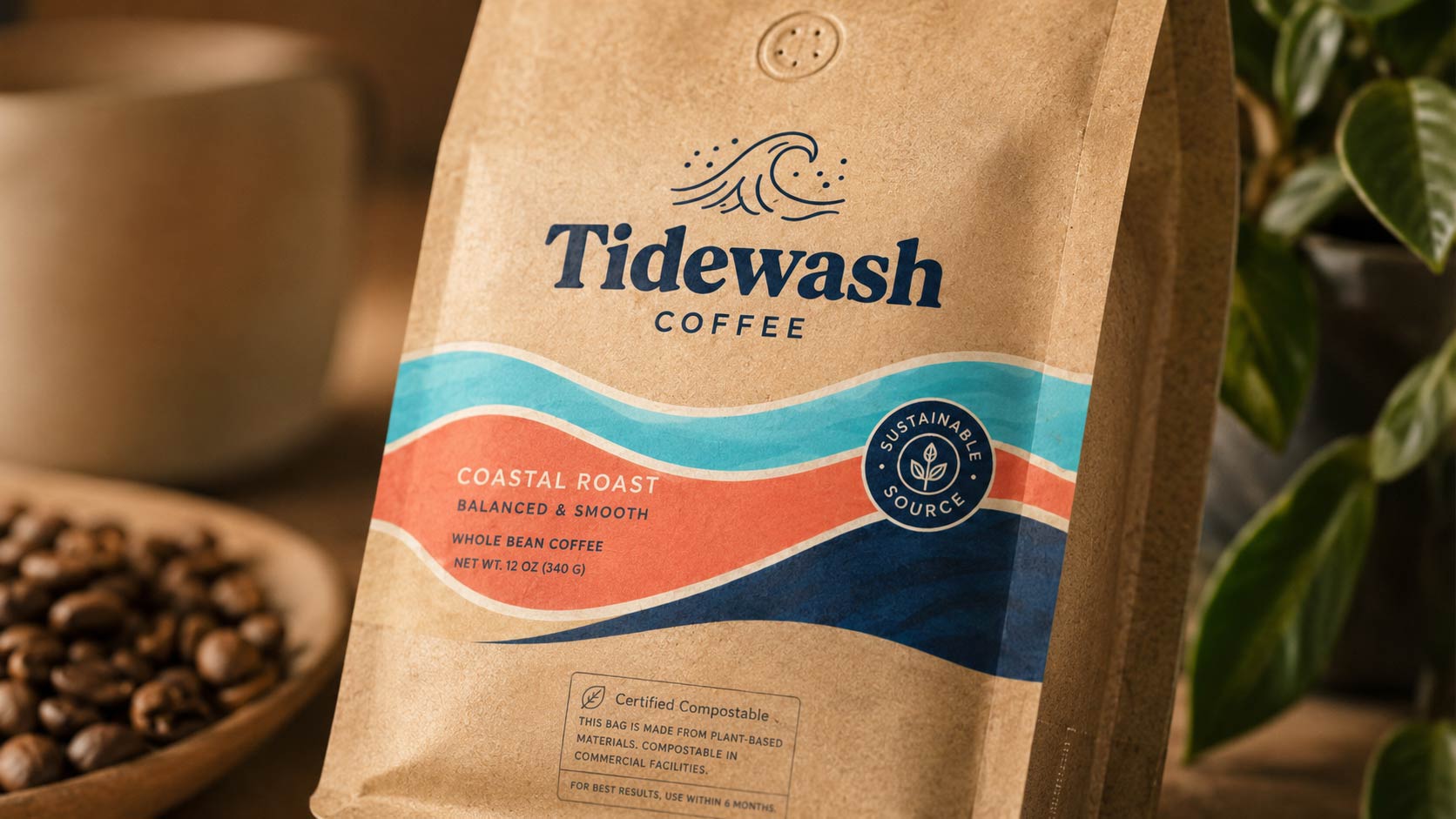 Macro close-up of a natural matte compostable coffee bag showing the plant-based film texture and a certified compostable mark, the bag material that has a limited shelf life of its own