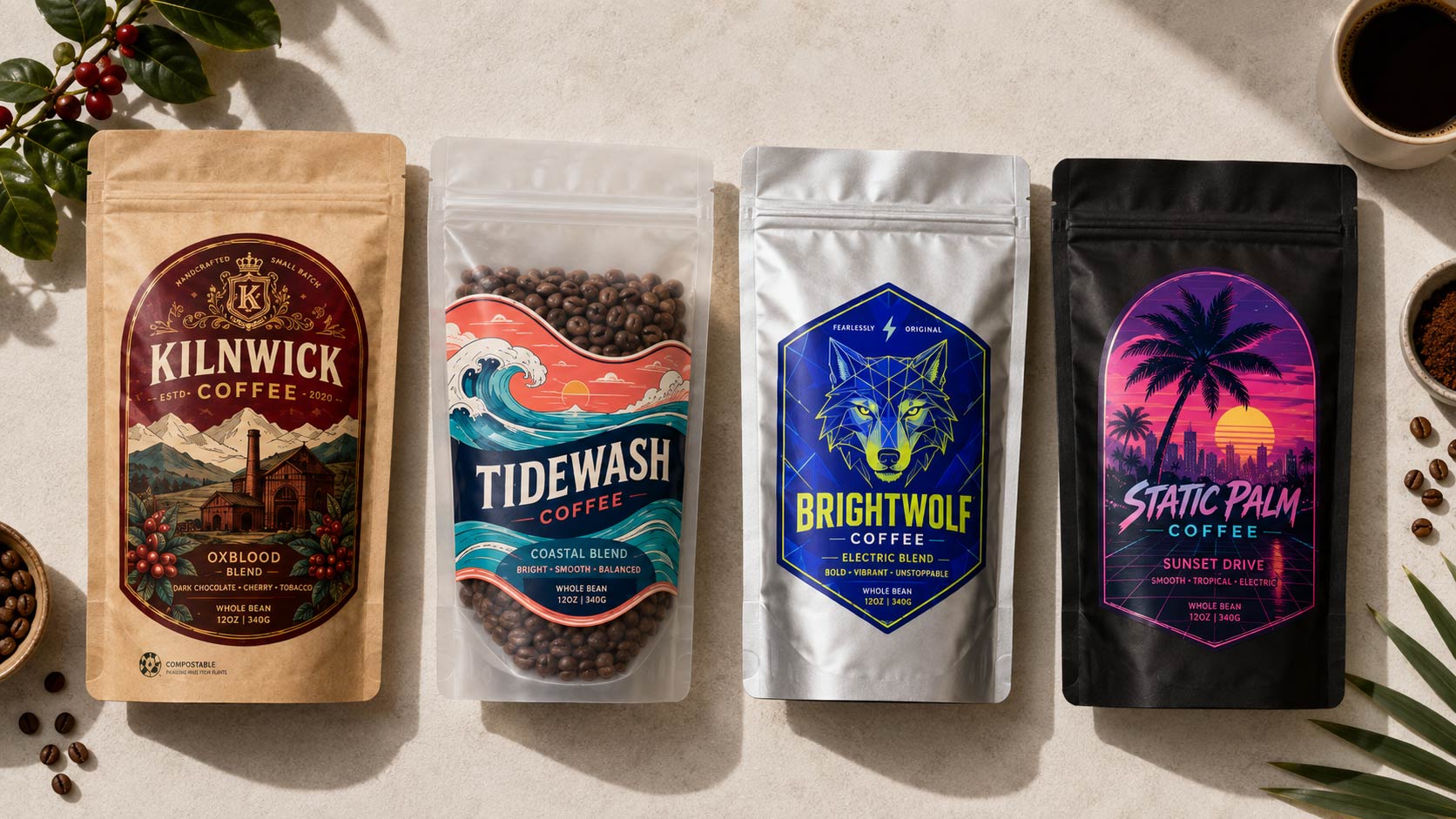 Four coffee bags side by side representing compostable, EVOH clear, metallized polyester, and aluminum barrier materials, each with a colorful die-cut brand sticker