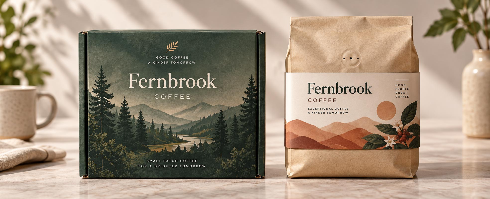 A custom printed coffee box beside a stock coffee bag wearing a printed belly band, showing the two routes side by side