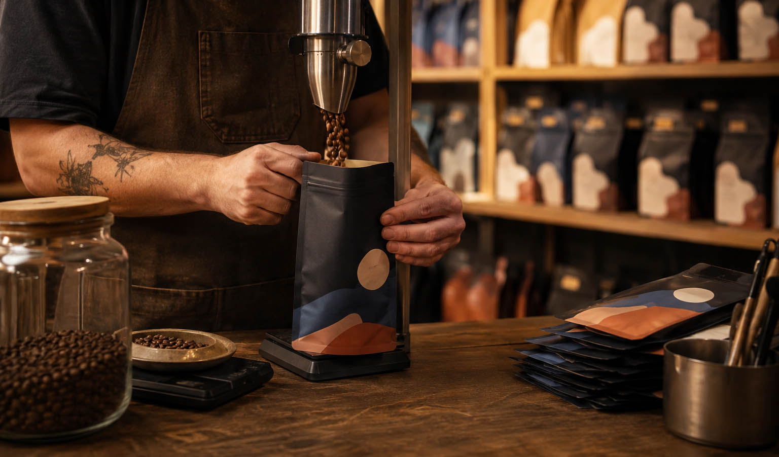 A roaster filling a custom coffee bag at a small bench-top filling station