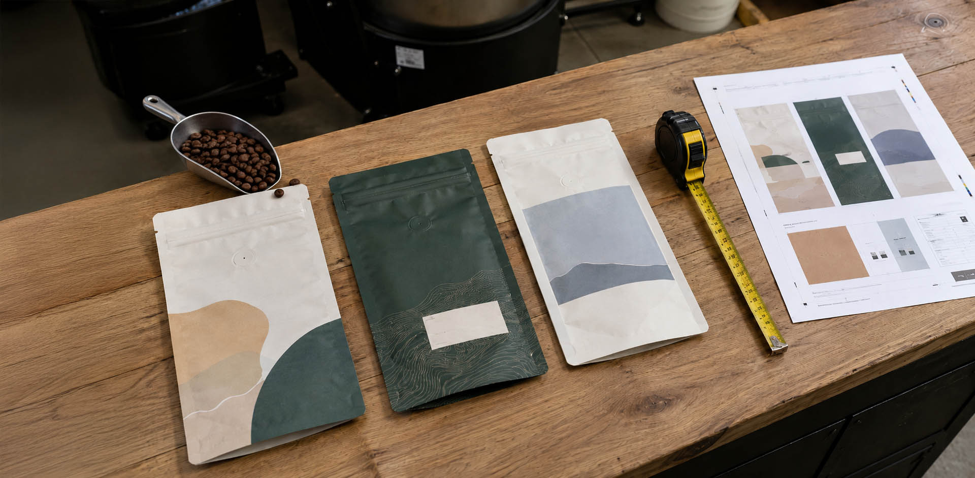 Overhead view of a roastery table with three empty stand-up coffee bags, a tape measure, a printed proof sheet, and a scoop of roasted beans