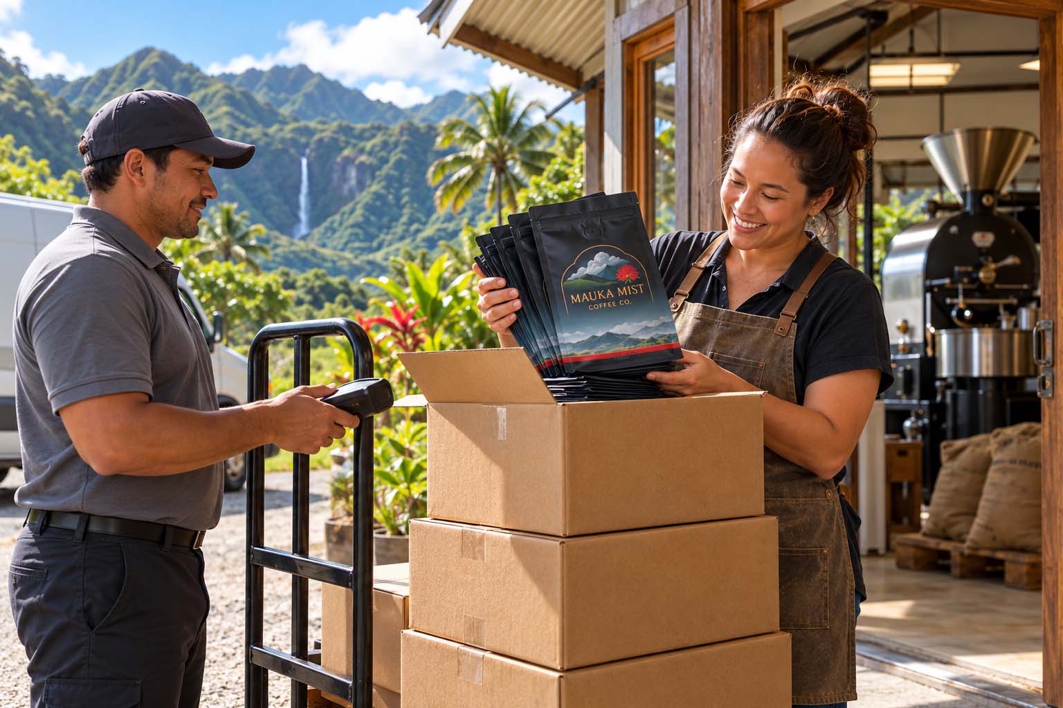 Cartons of custom printed coffee bags being delivered to a small roastery with green Hawaiian mountains behind it