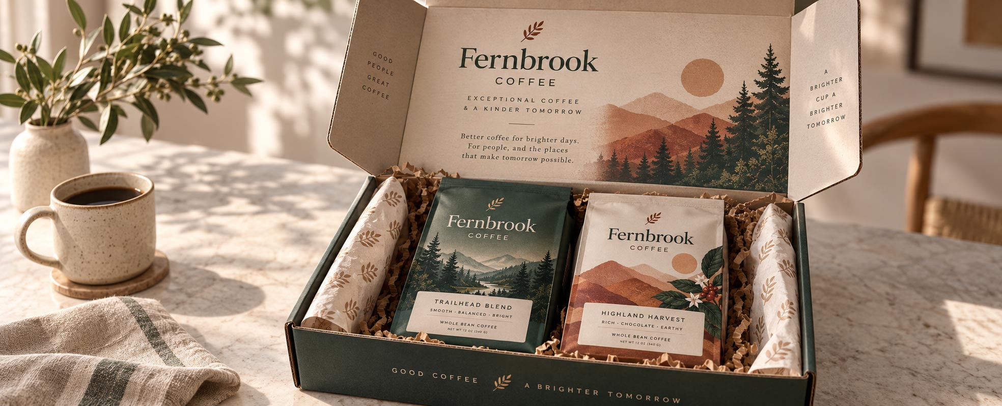 A custom printed coffee mailer box open on a table with a printed interior and coffee bags nested inside