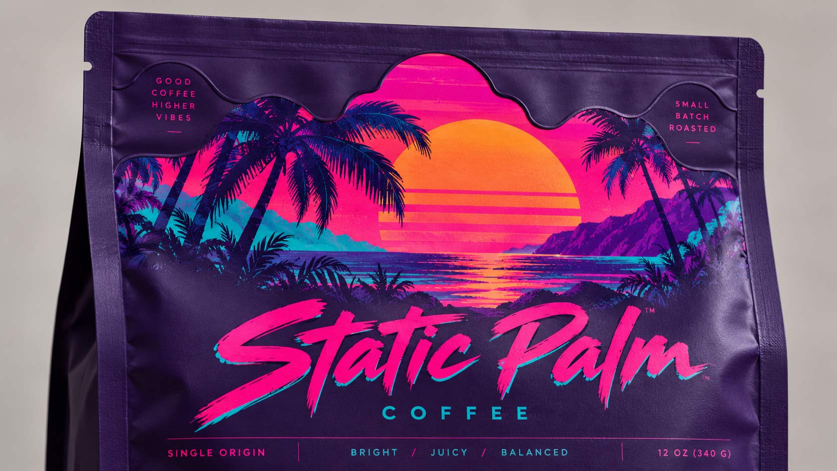 A die-cut coffee bag with a custom shape on the upper panel and a clean, fully intact sealed border still running around the edges of the bag
