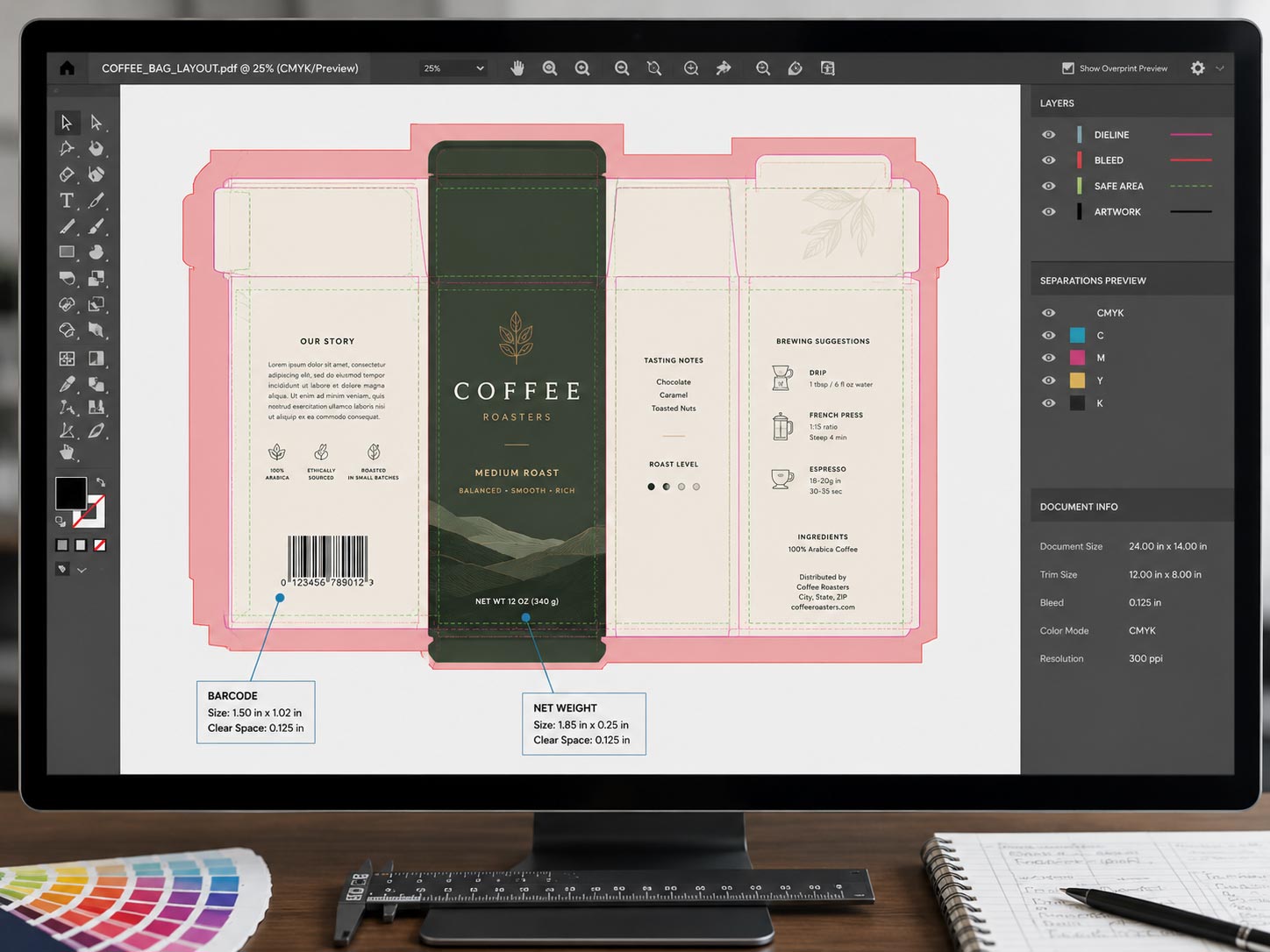 A digital proof of a coffee bag layout on screen showing the dieline outline, bleed area, and safe-margin guides, with callouts marking the barcode and net weight