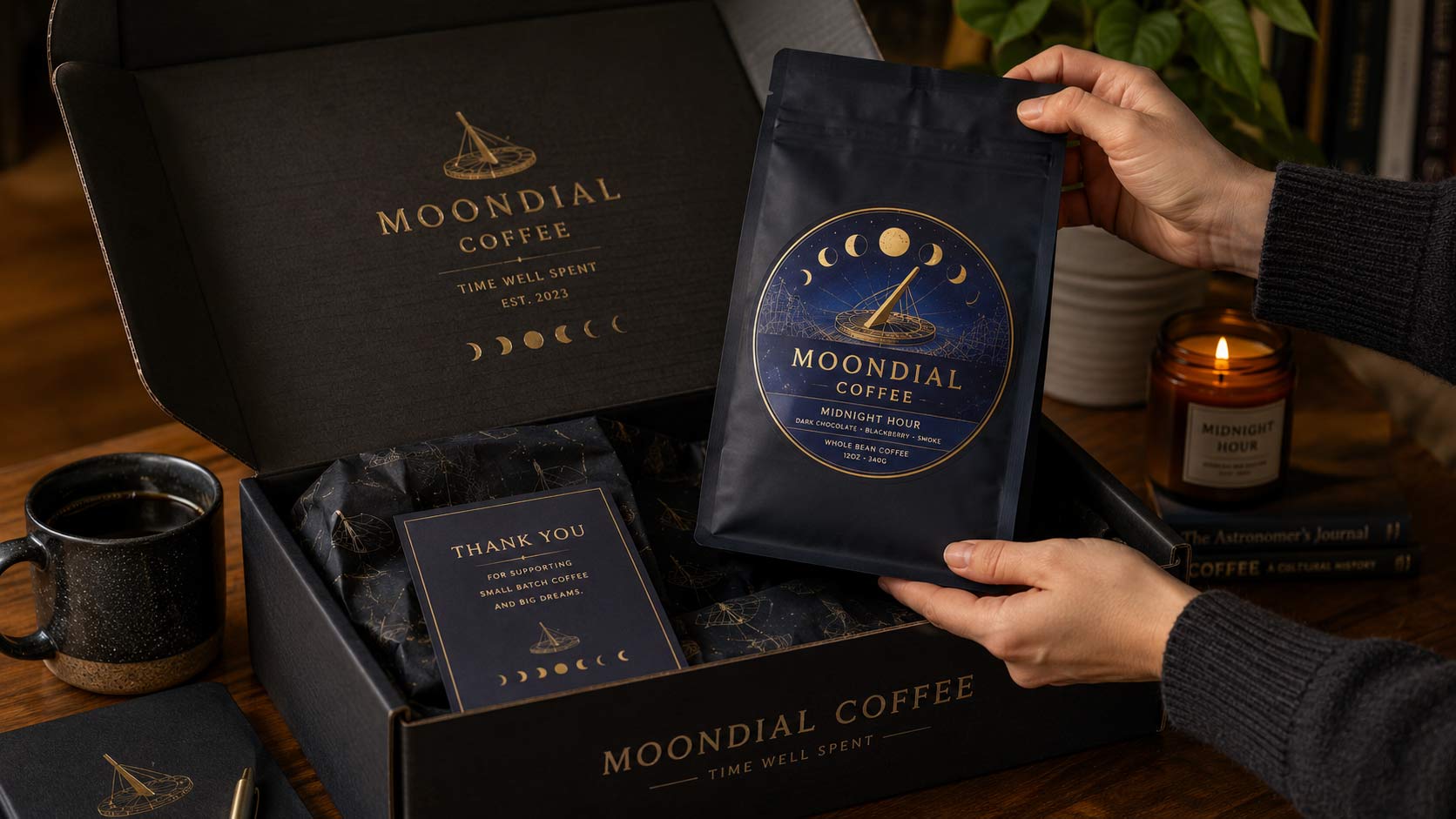 A premium coffee bag lifted from a branded mailer box with a thank-you card, a direct-to-consumer unboxing moment