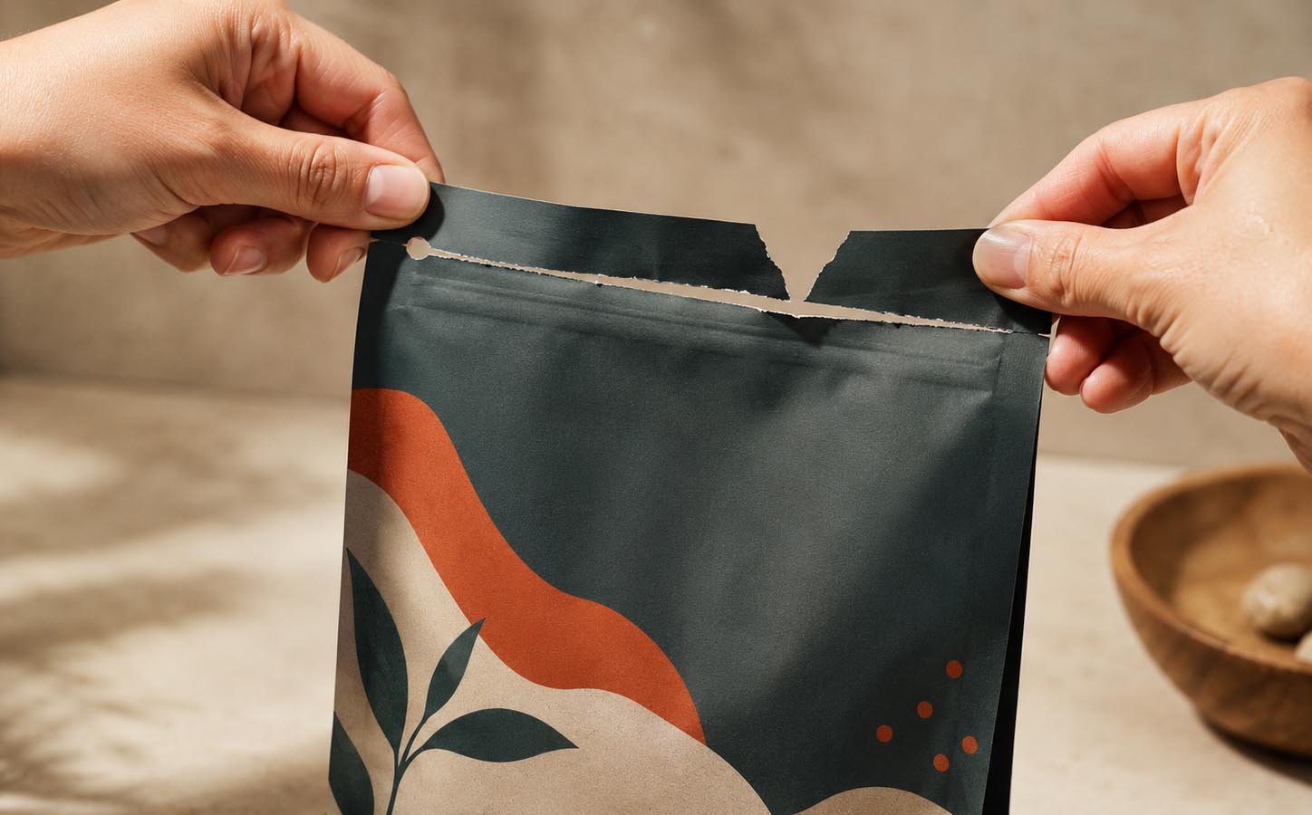 Two hands cleanly tearing open the top of a custom coffee bag at a tear notch, showing an easy, tool-free open
