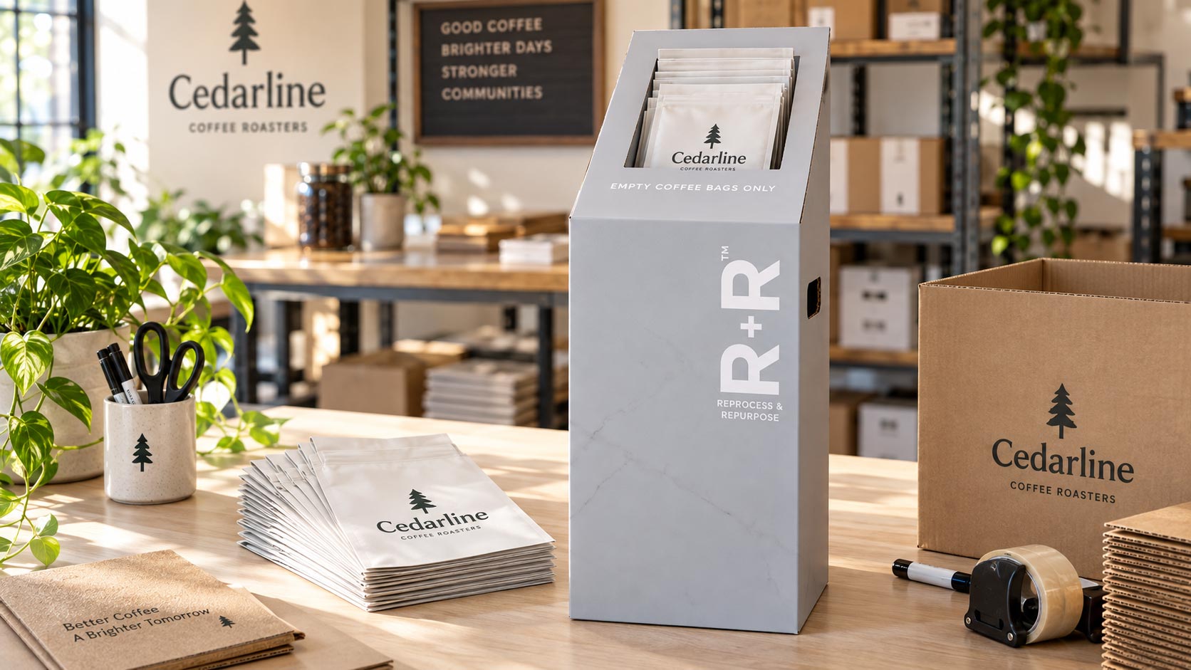 Flattened empty coffee bags neatly stacked in an R plus R collection box, ready to go back through the upcycle program
