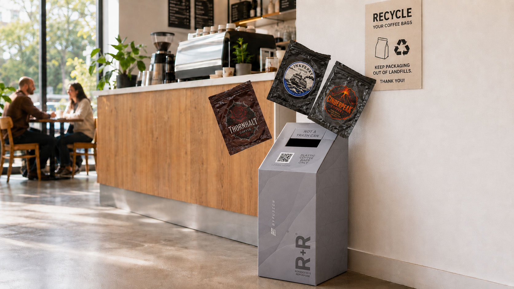 Three empty coffee bags from different brands being dropped into a Savor Brands R plus R upcycle collection box at a coffee shop counter
