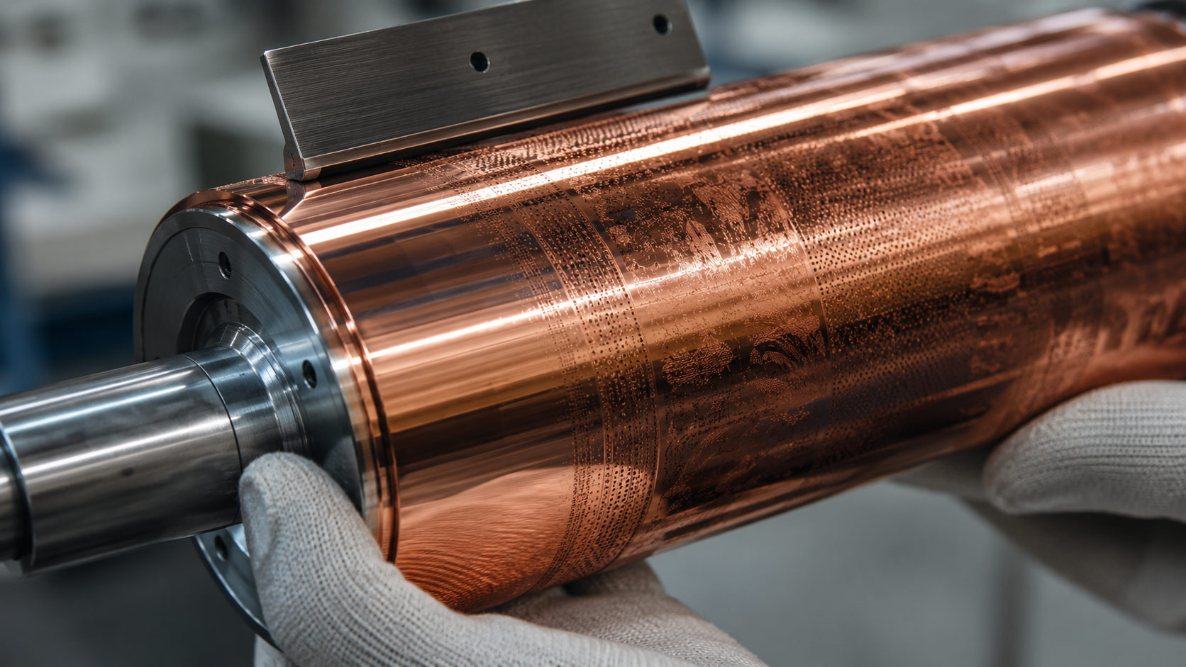 Close-up of a single engraved copper rotogravure cylinder held in gloved hands, its polished surface covered in tiny engraved ink cells with a doctor blade resting against it