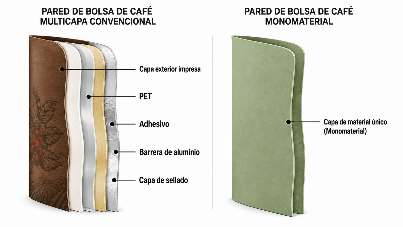Comparación en corte transversal de una pared de bolsa de café de varias capas junto a una pared monomaterial de un solo material