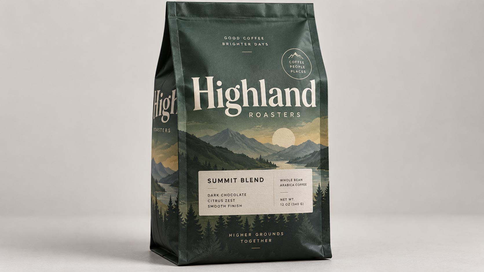 A filled quad seal coffee bag with its side gussets opened out, showing how much narrower the front-facing panel is than the flat artwork