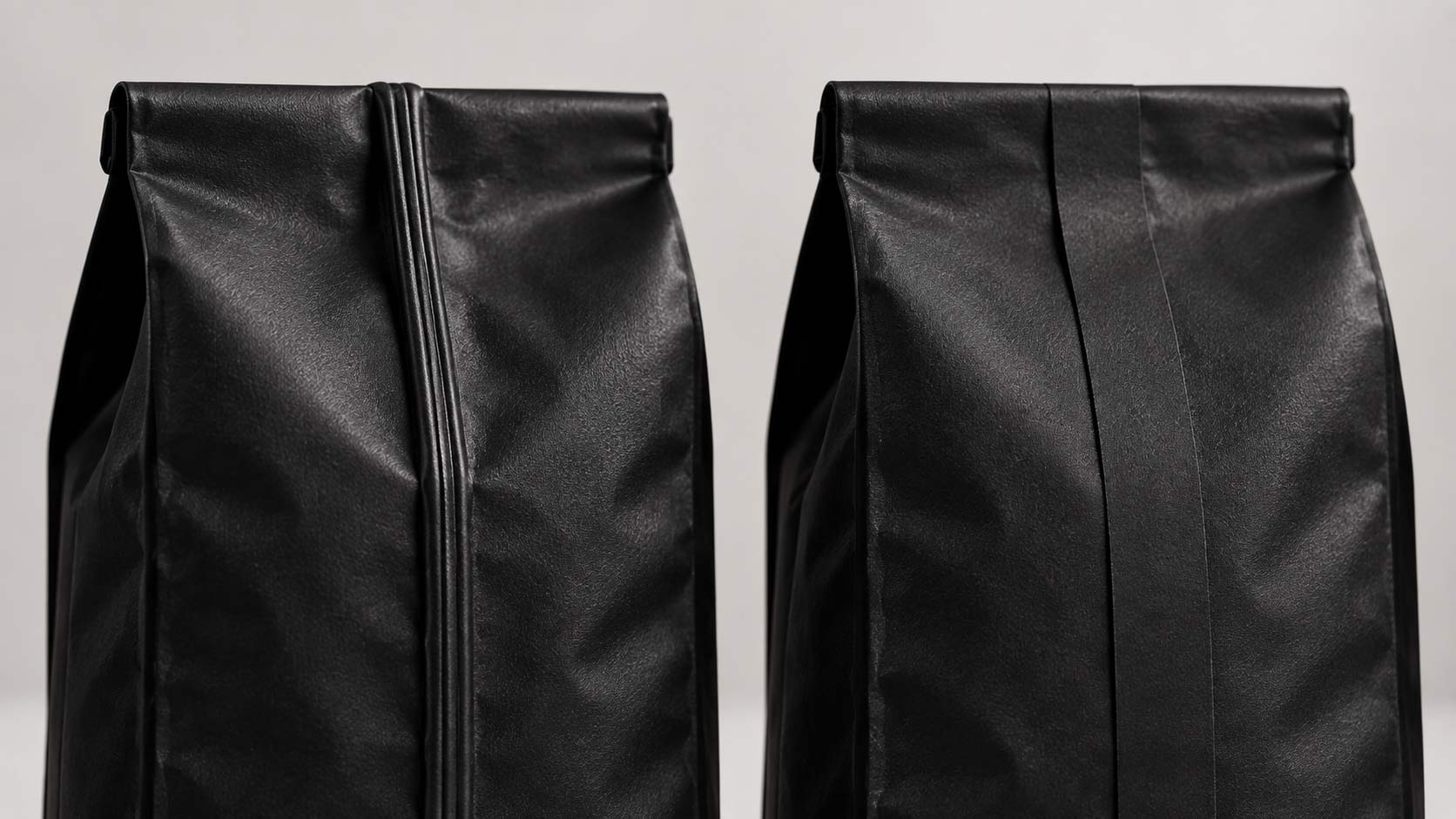Close-up comparison of a fin seal standing up like a ridge and a lap seal lying flat on the back of a coffee bag