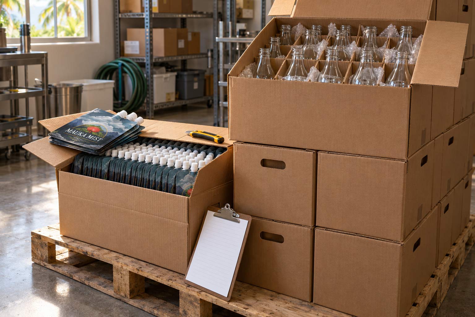 Una caja de bolsas con boquilla vacías y planas junto a una caja de botellas de vidrio vacías para cold brew, mostrando cuánto menos espacio ocupan las bolsas