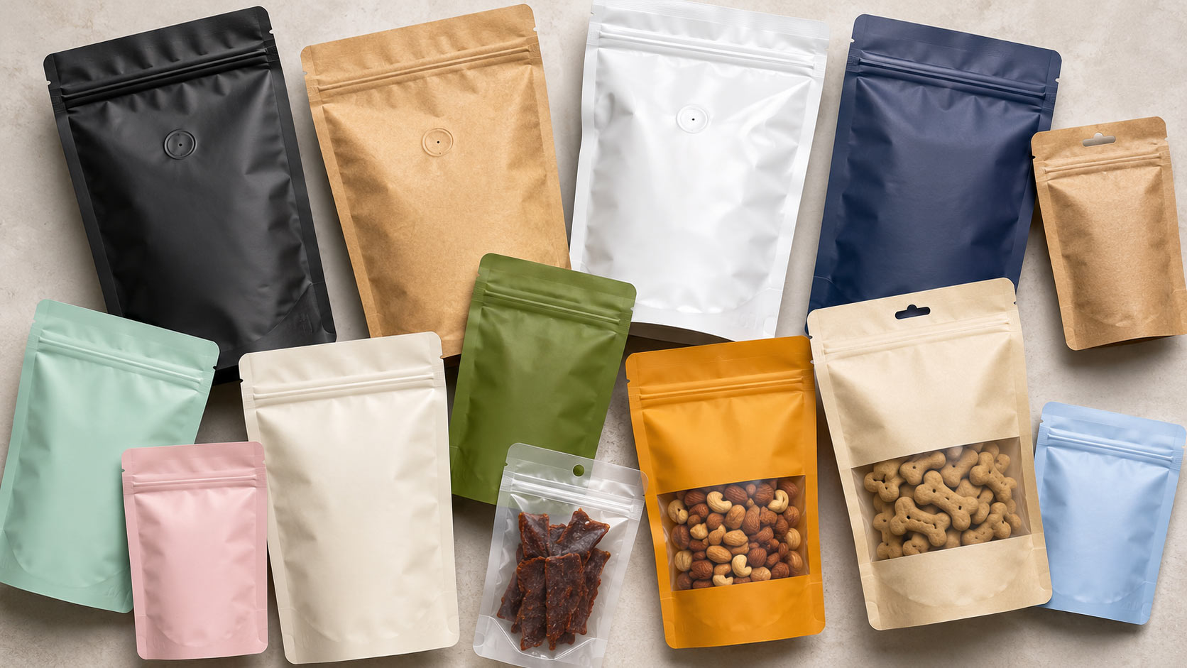 A flat-lay of flexible stand-up pouches across categories, including coffee bags, snack pouches, and pet treat bags, with zippers, tin ties, and a coffee valve visible