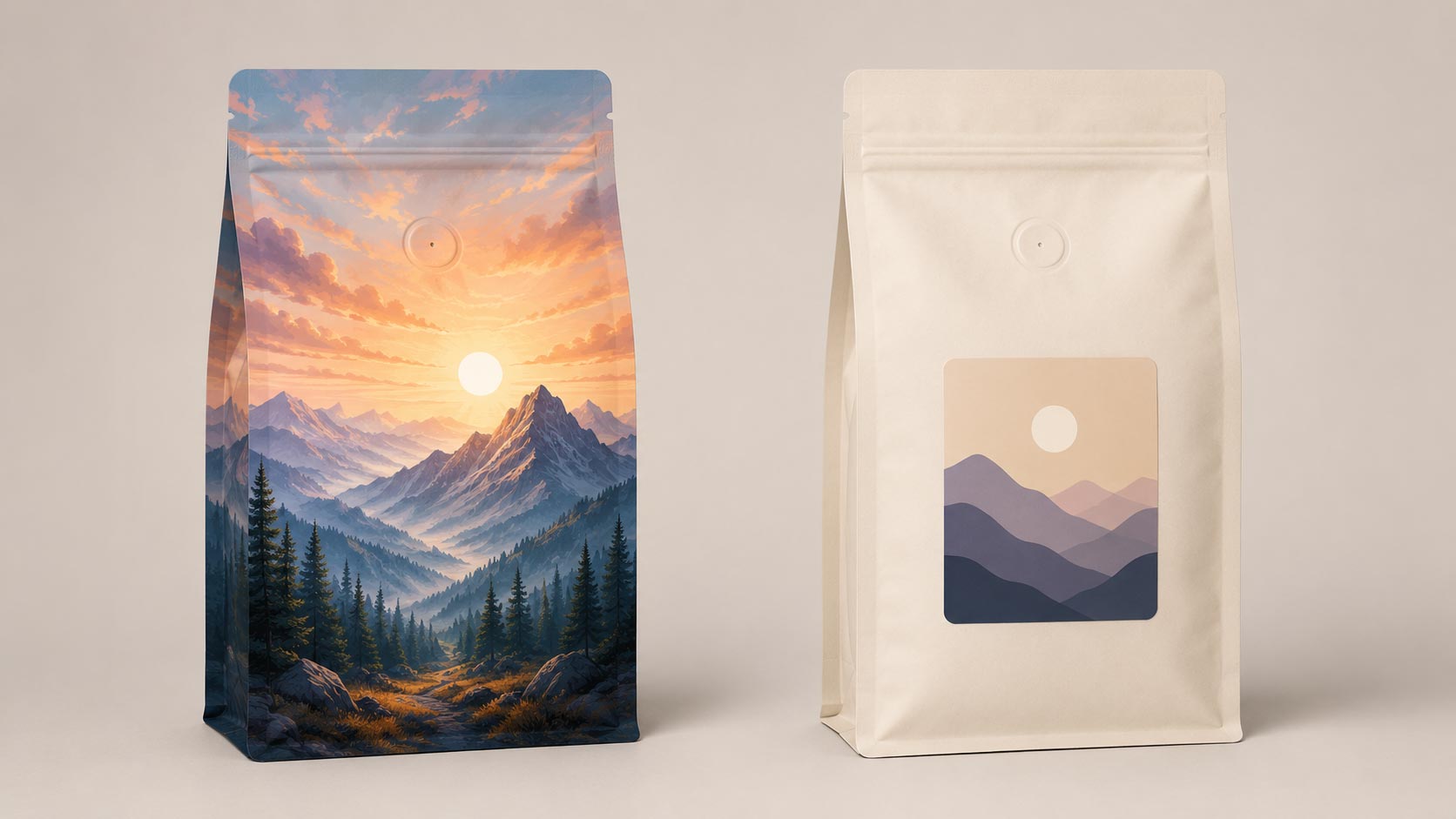 A full-color custom digital-printed coffee bag beside a plain stock bag with an applied label, comparing the committed custom look with the flexible stock and label approach