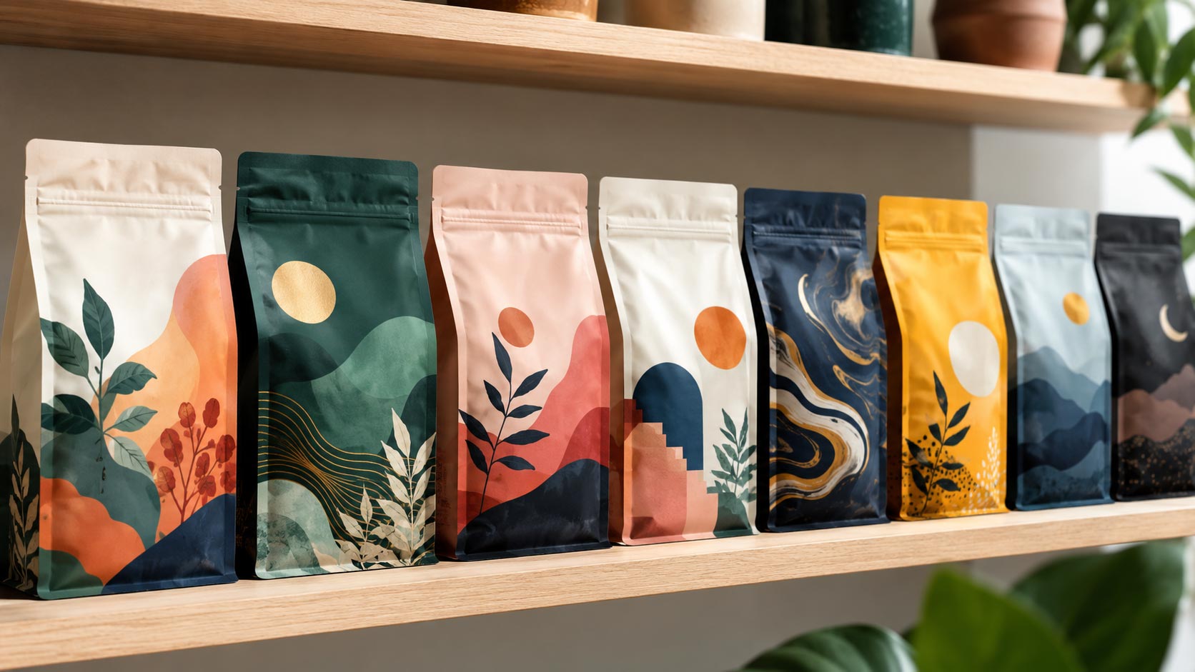A full-color digital custom-printed coffee bag beside a blank stock bag with an applied label, showing the difference between custom digital printing and stock bags