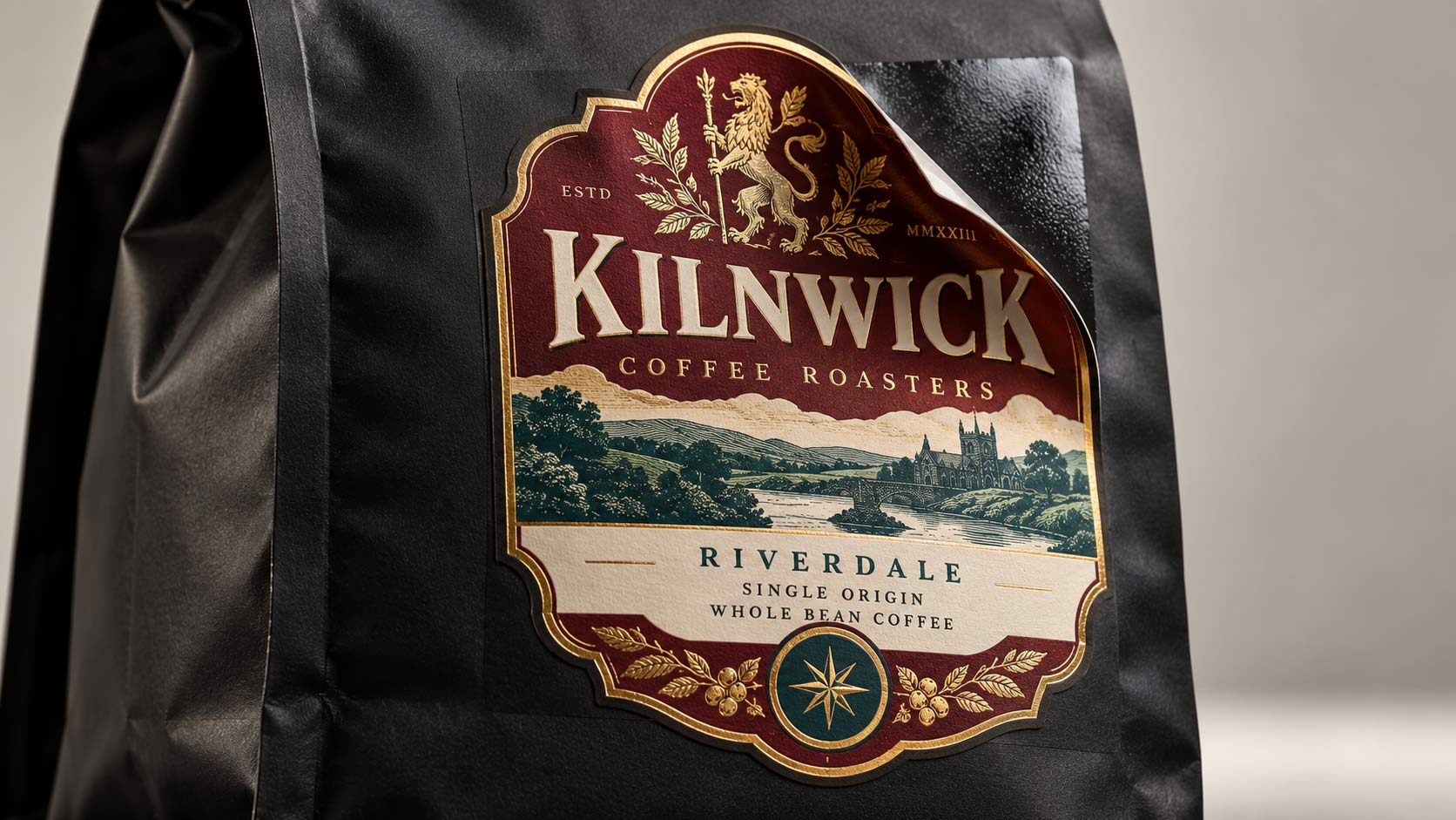 A matte black coffee bag with a small glossy patch on the front panel where a label is being applied, showing the smooth spot the adhesive grips
