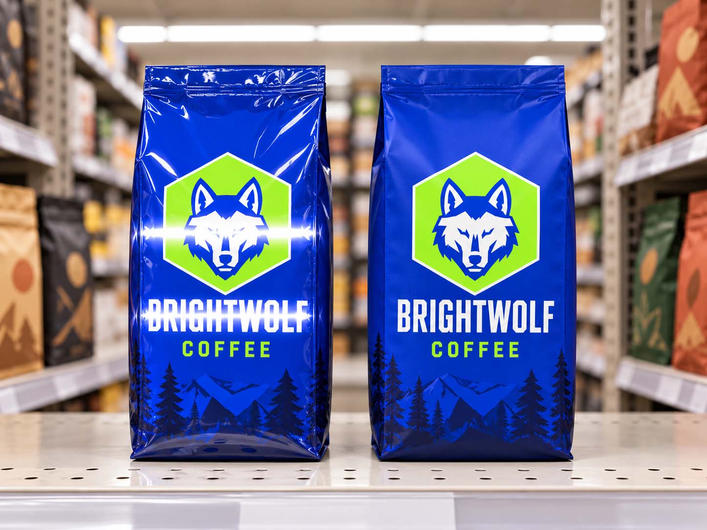 Two identical filled coffee bags under the same overhead light, the glossy bag with a white glare stripe across its brand name and the matte bag with none