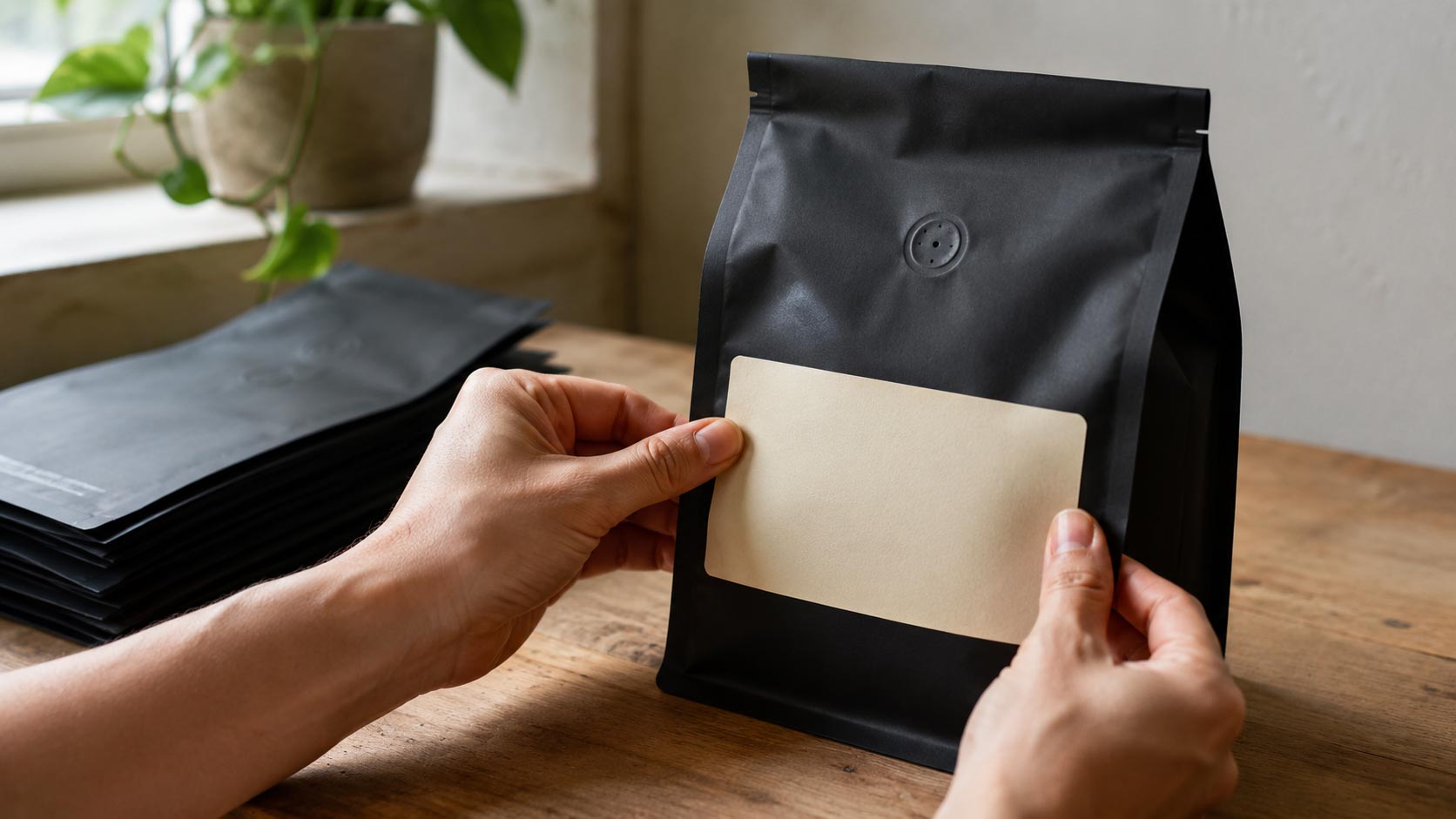 Hands applying a custom label to a plain stock coffee bag, showing how stock bags and labels give a small coffee brand flexibility across many SKUs