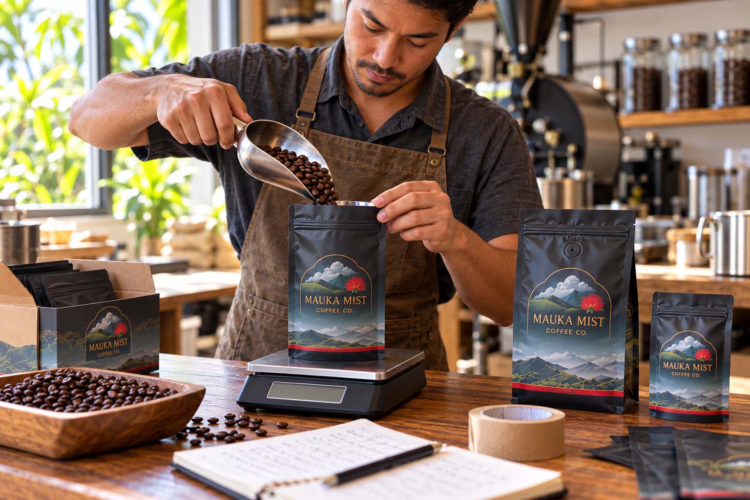 A Hawaii coffee roaster filling and checking sample coffee bags on a wooden counter