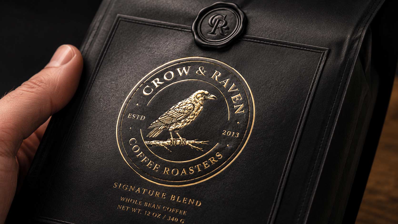 Black coffee bag with gold foil stamp and wax seal showing premium holiday packaging finish