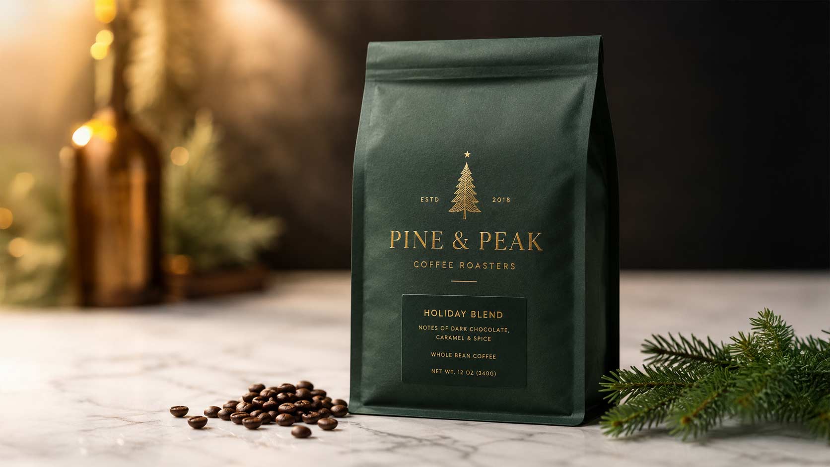Dark green soft-touch matte coffee bag with gold foil stamped tree design for holiday season