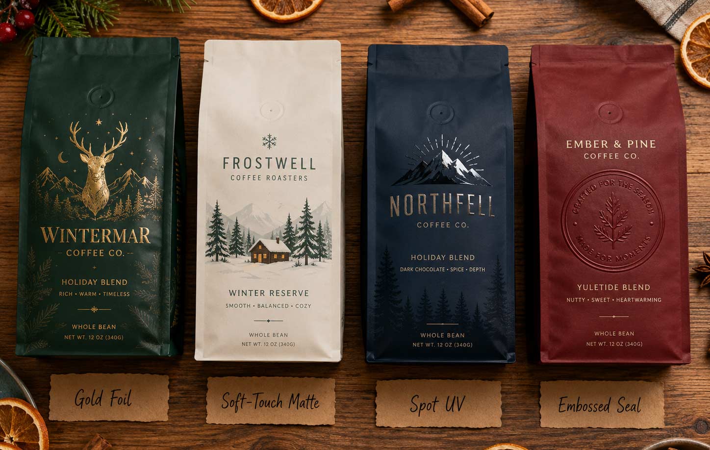 Holiday Coffee Bag Finishes: Foil Stamping, Soft-Touch Matte, Spot UV thumbnail