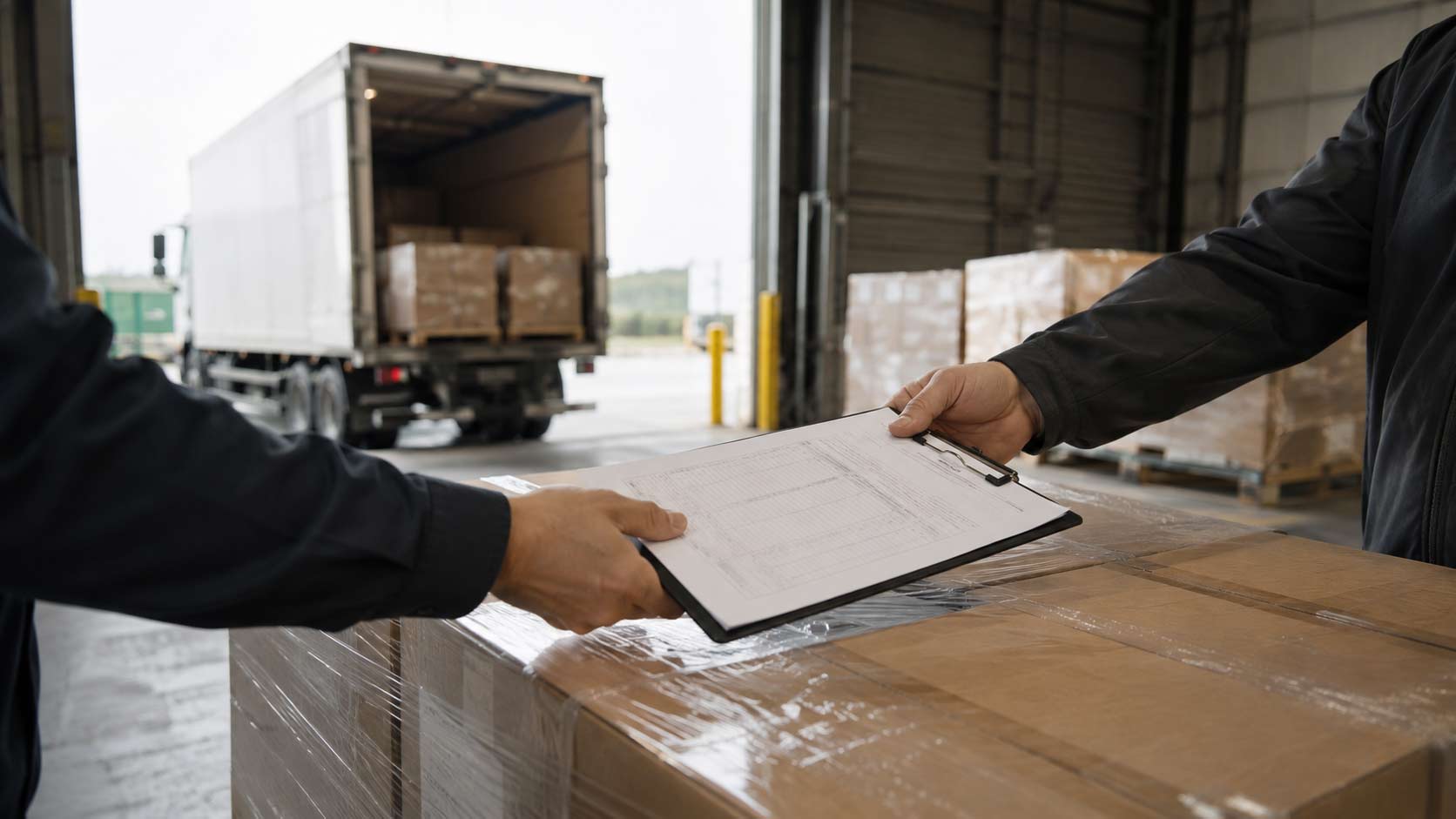 Palletized cartons of coffee packaging staged for pickup with shipping documents on a clipboard, ready for a freight forwarder