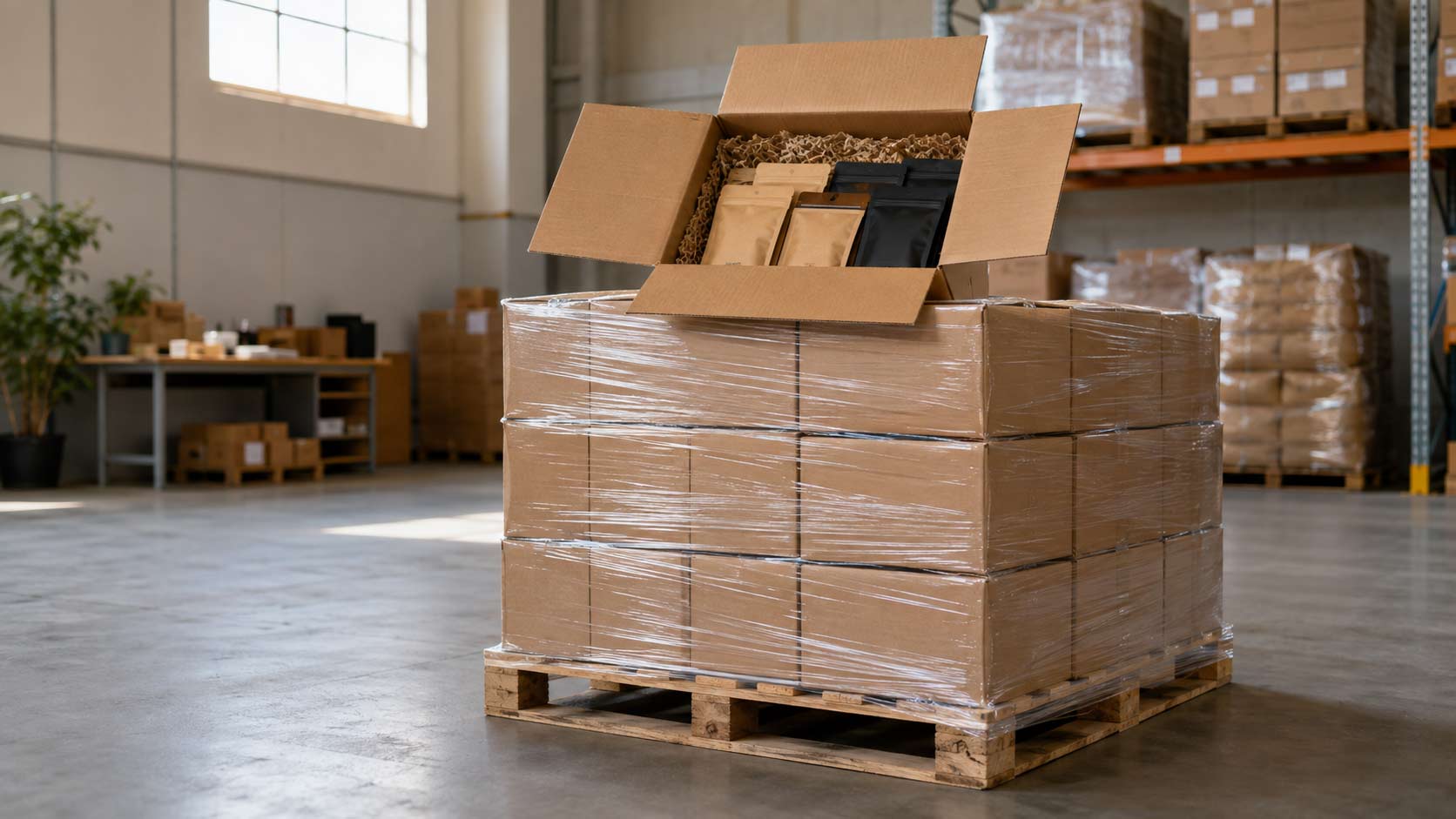 Coffee packaging cartons stretch wrapped on a pallet in a warehouse, prepared for international freight