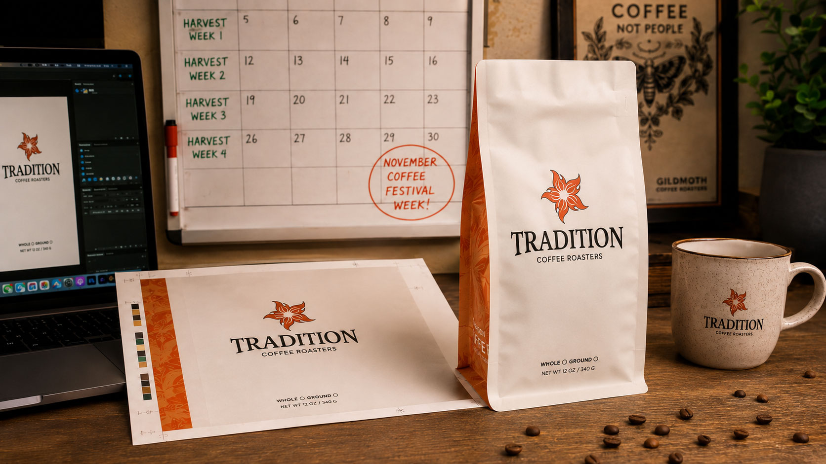 A roaster reviewing a printed coffee bag proof beside a wall calendar with harvest and festival weeks marked, planning the packaging timeline