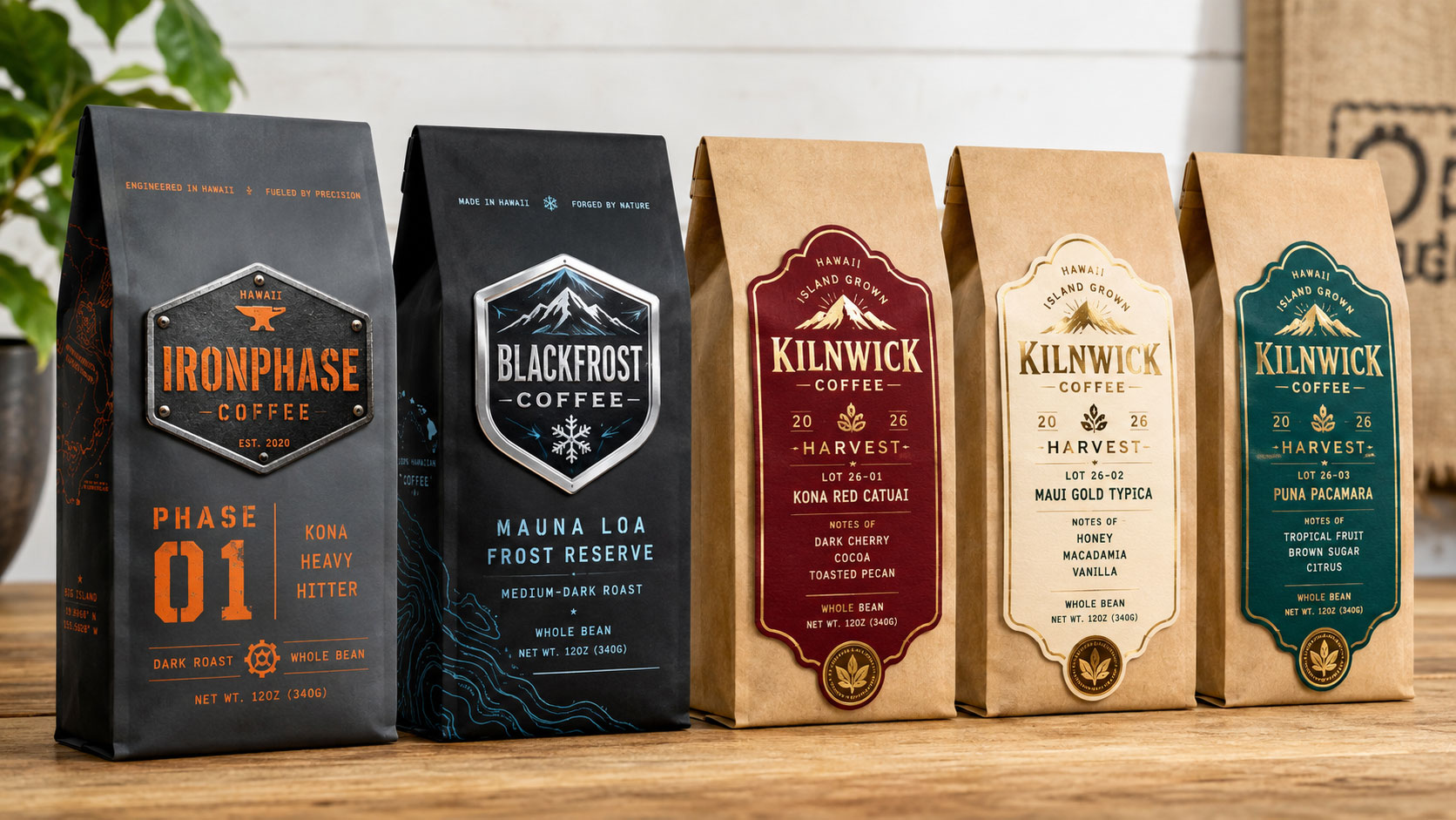A lineup of Hawaii coffee bags on a table, some fully printed and some plain stock bags finished with die-cut harvest labels