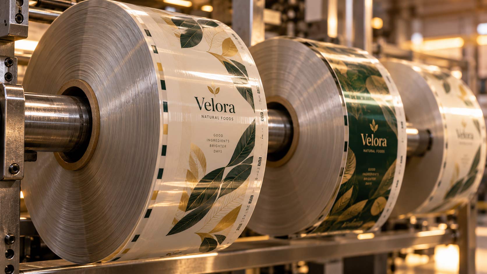 Rollos de película laminada para empaque parados en racks de una bodega durante la etapa de curado antes de la conversión