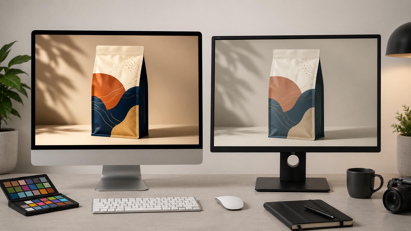 The same custom coffee bag design shown on a Mac and a PC monitor side by side, with the color visibly different between the two screens