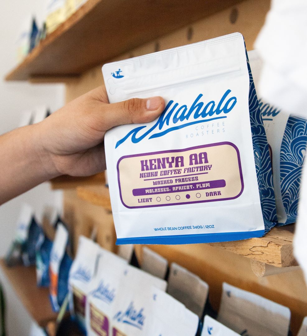 Mahalo Coffee Roasters bag on shelf
