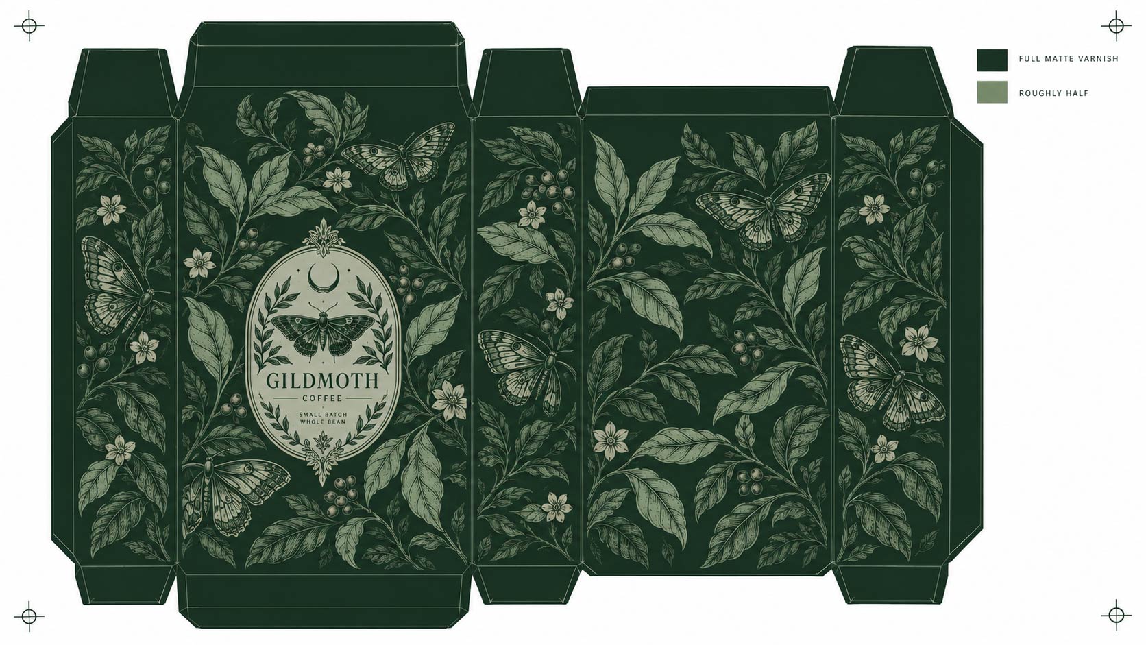 A printer's varnish map for a botanical coffee bag design, shown flat in two tones, the darker tone marking full matte varnish and the lighter tone marking roughly half