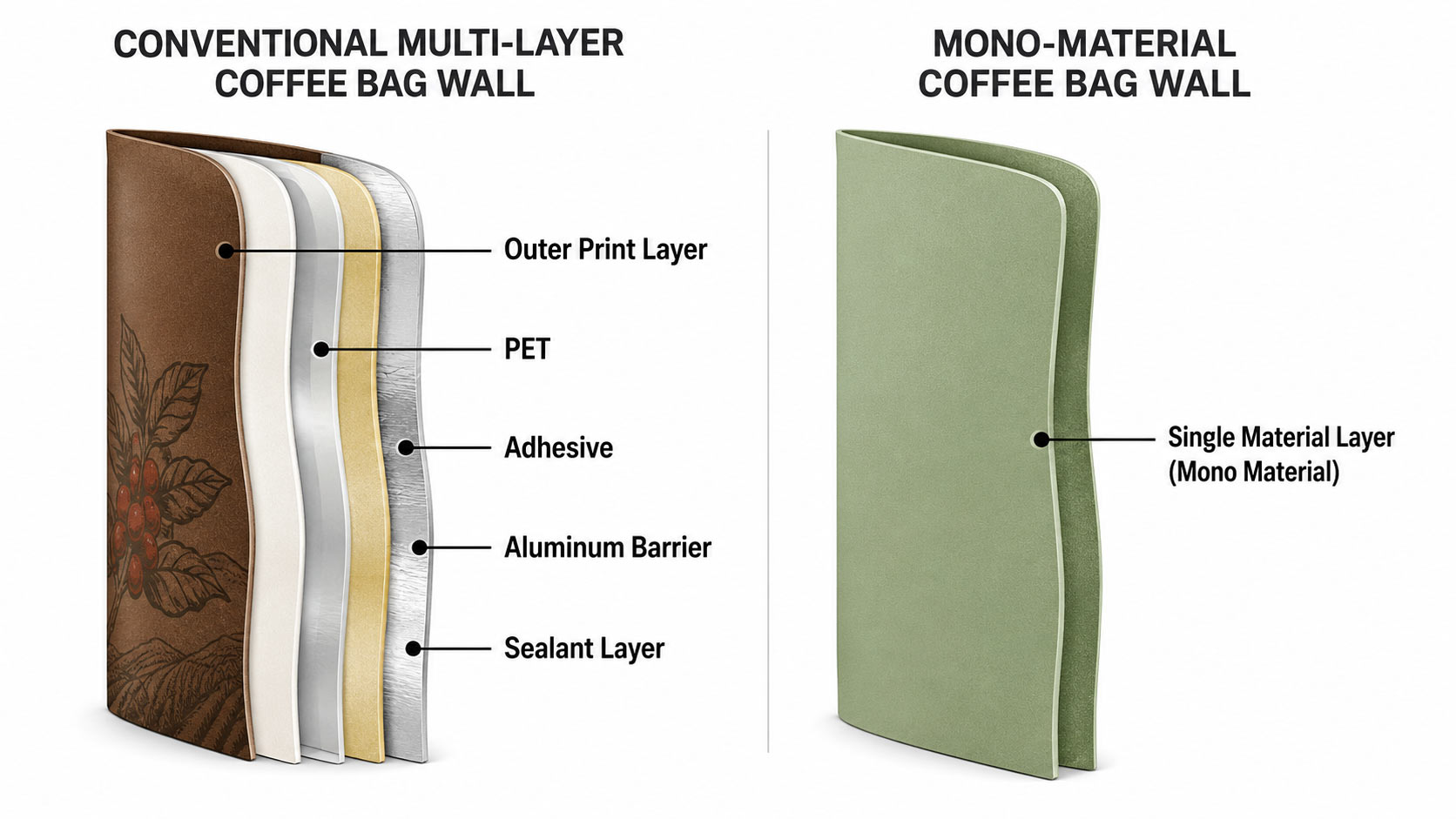 Cutaway comparison of a multi-layer coffee bag wall made of several materials next to a single-layer mono-material wall