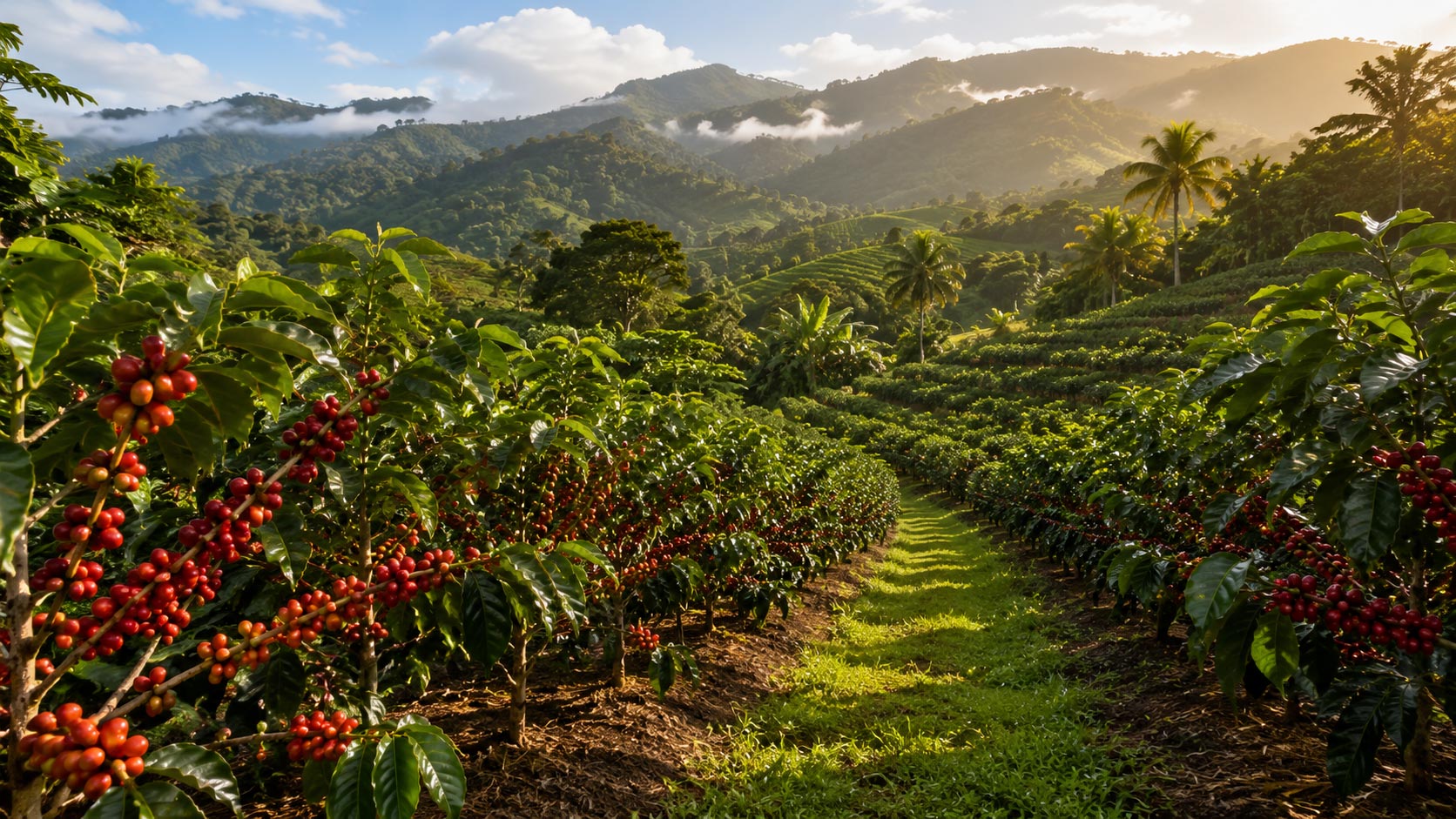 Plántulas de café verdes brotando de la tierra oscura, símbolo del replante y la esperanza tras la tormenta
