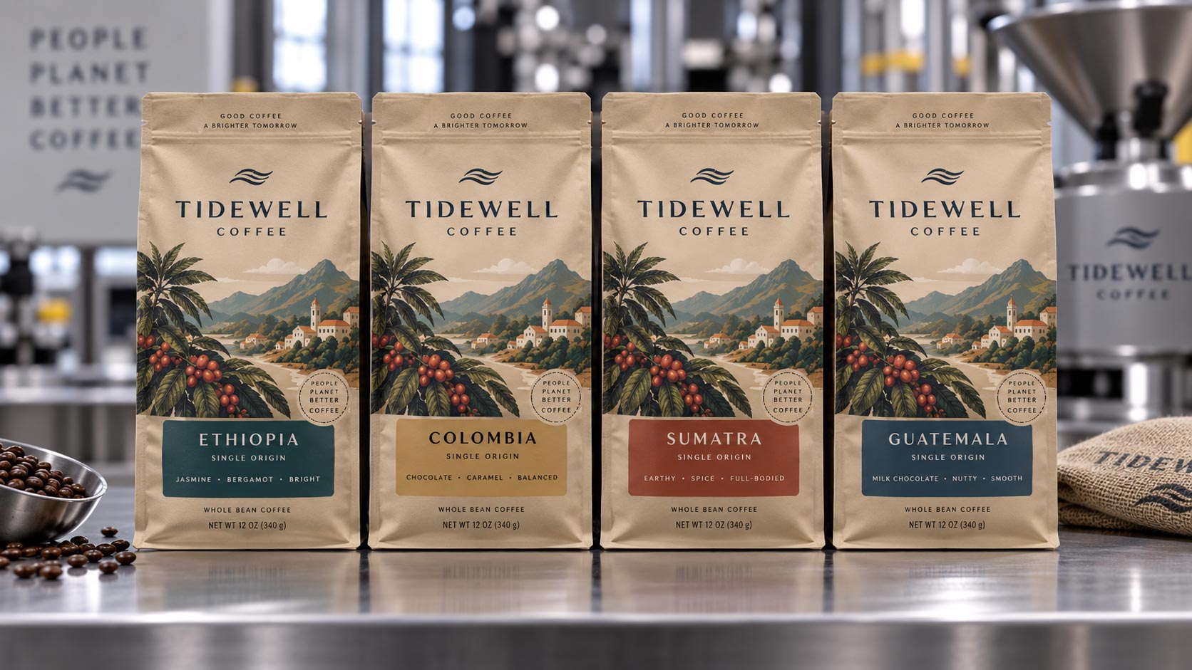 One custom-printed coffee bag design shown four times, each wearing a different label for a different origin