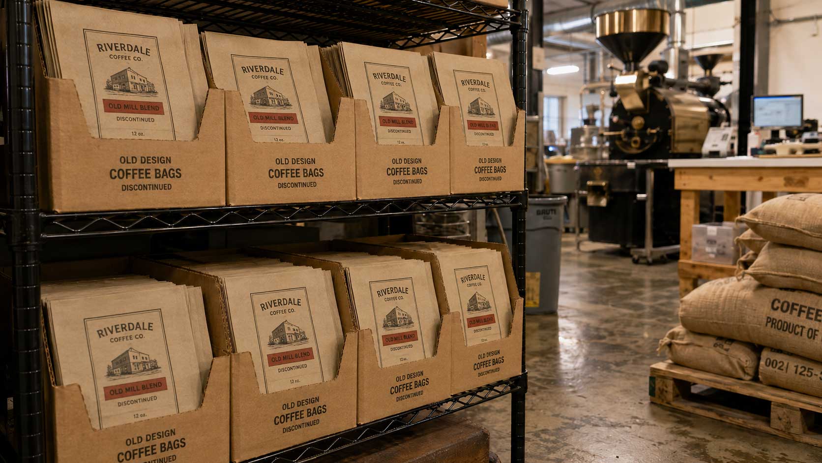 Open cartons of unfilled coffee bags with outdated branding stacked on a shelf in a roastery storeroom