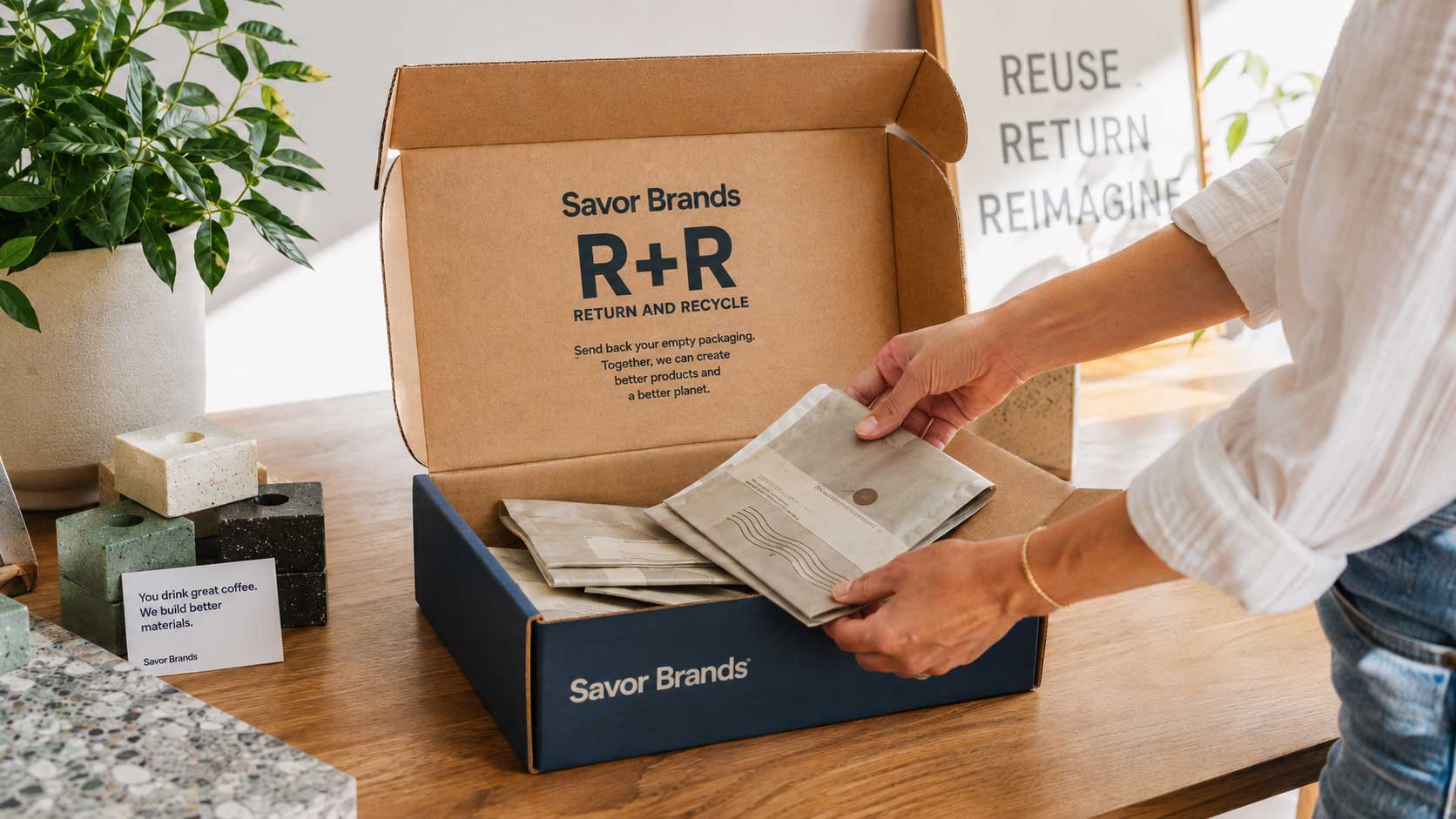 Outdated coffee bags being placed into a Savor Brands R plus R return box for upcycling