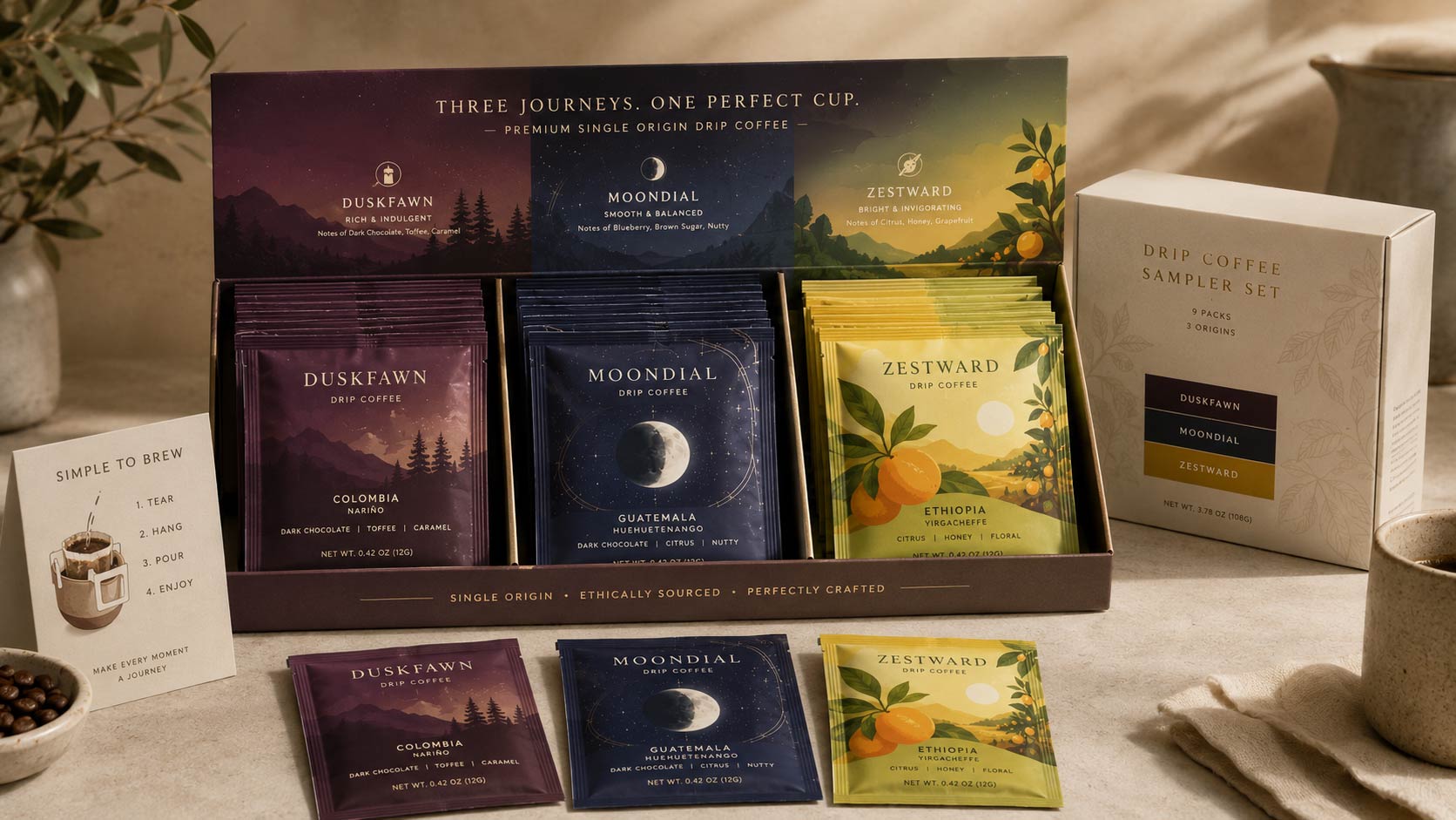 A retail gift set and display lineup of printed pour-over drip coffee sachets from several brands, arranged in a small box and standing on a shelf for a hotel, sampler, and subscription context