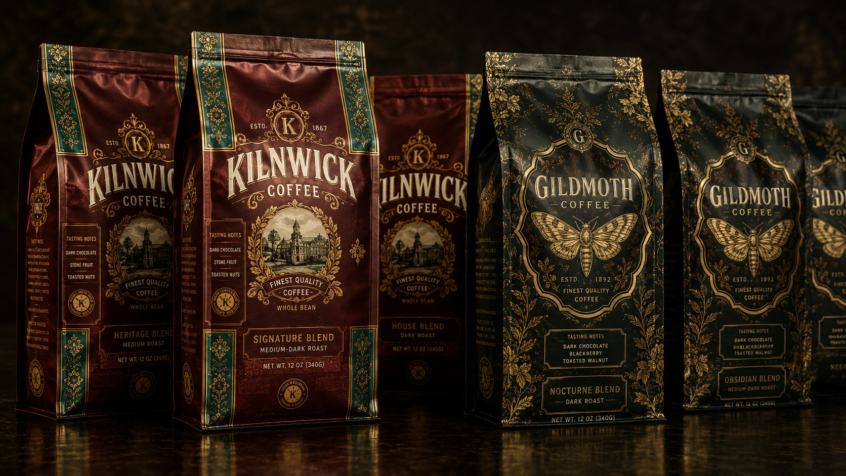 A lineup of finished premium coffee bags fresh off the run, each a different fictional brand with full-bleed saturated artwork and metallic gold foil accents