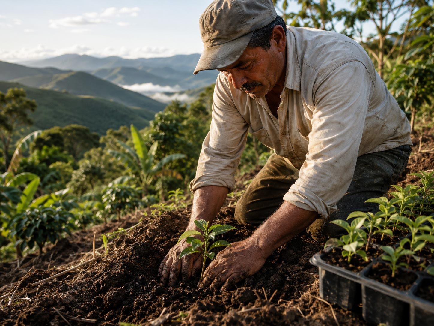 Un caficultor de Puerto Rico plantando una plántula joven de café en una ladera de montaña