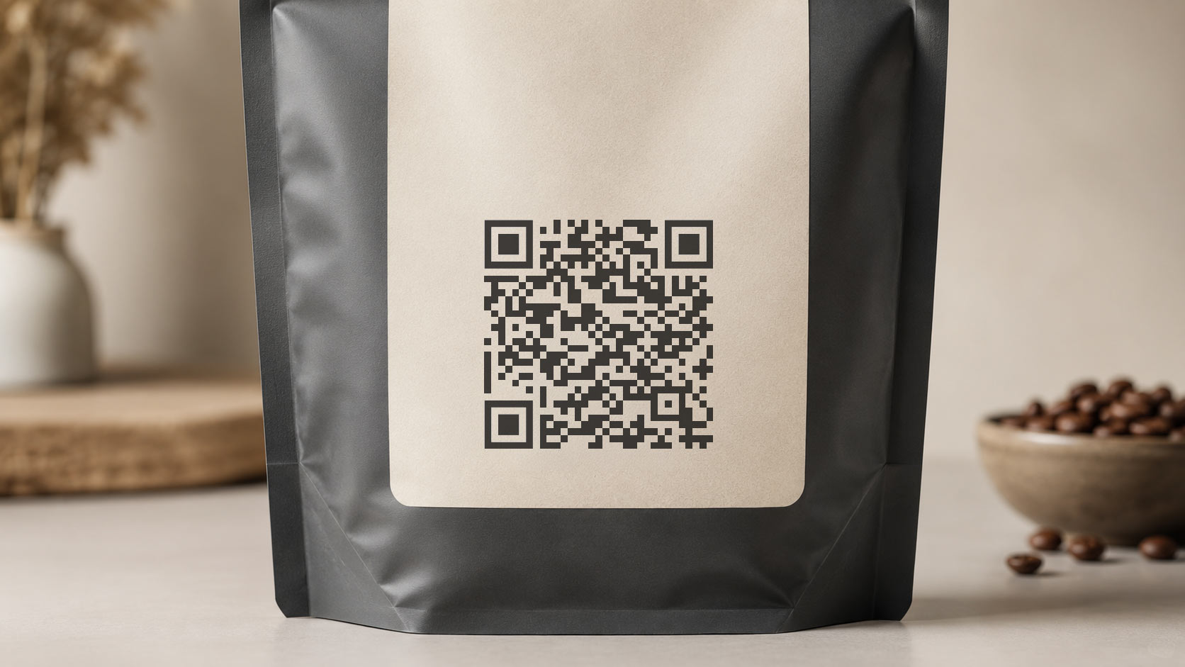 A close-up of the back panel of a stand-up coffee bag with a crisp black QR code printed in a clean blank area