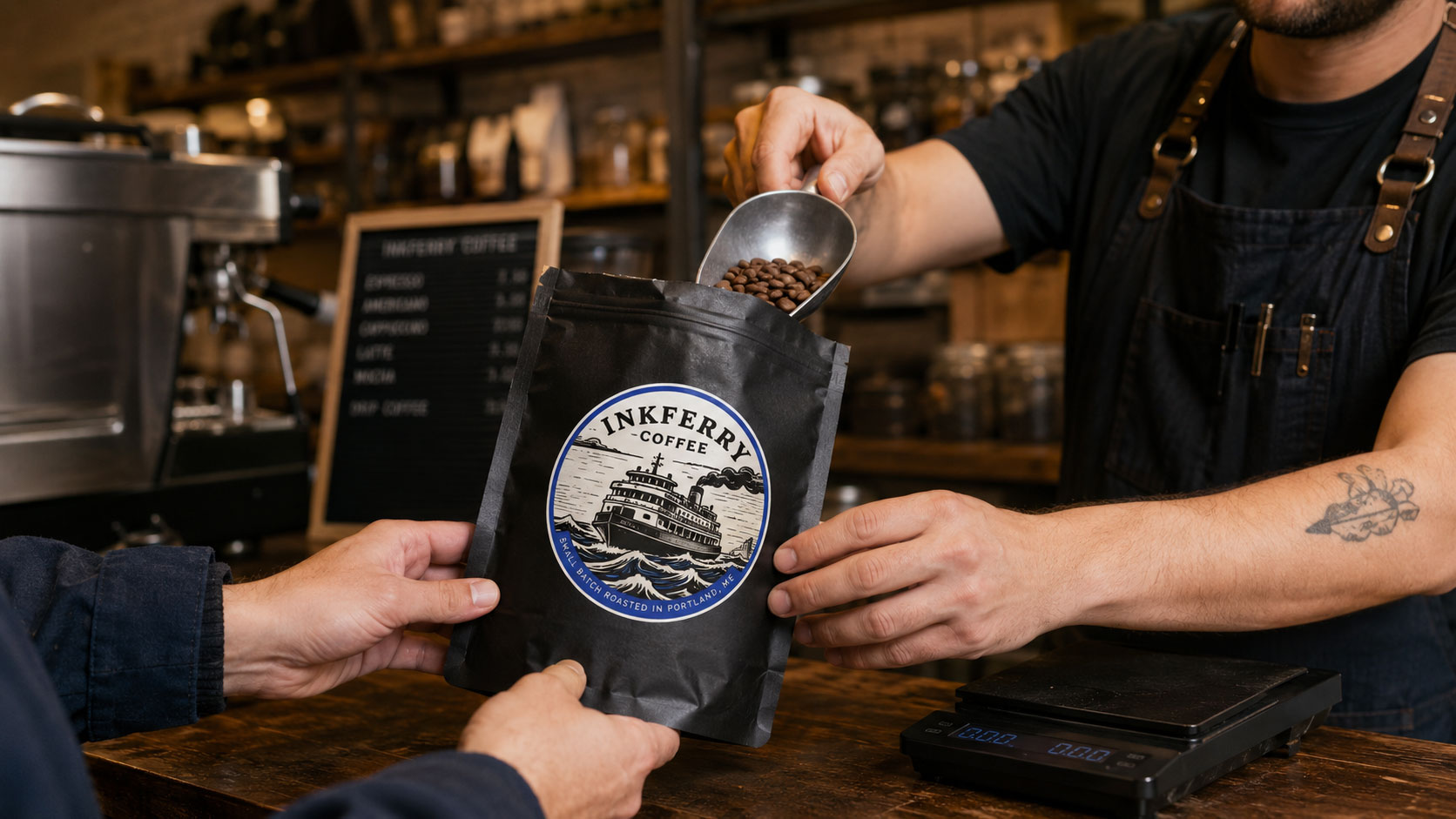 A customer handing a used aluminum coffee bag across the counter to a barista who is refilling it with whole beans beside a scale