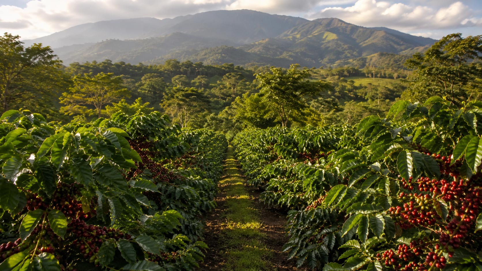 Una plantación de café restaurada con árboles sanos y cargados de cerezas en las montañas de Puerto Rico